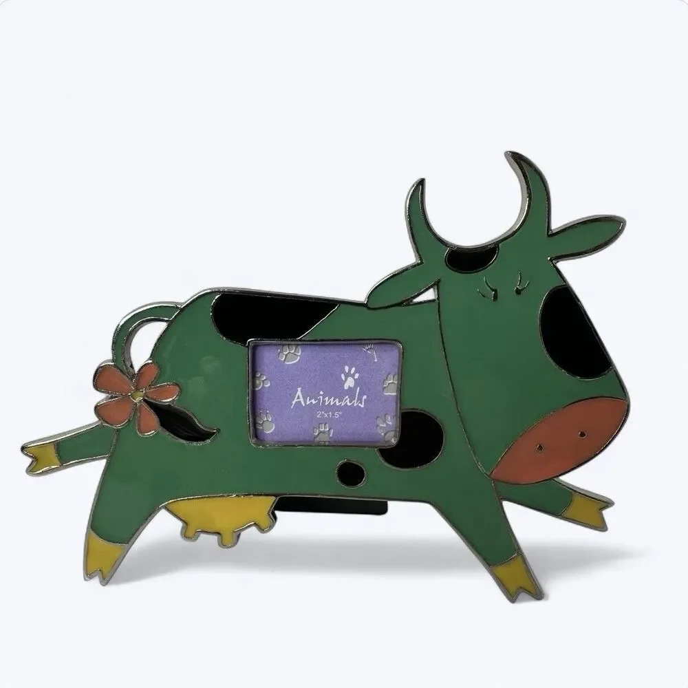 Green Cow Metal Enamel Picture Frame Standing 2 x 1.5” Whimsical Nursery Farm